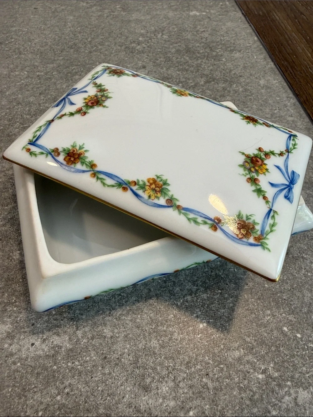 Limoges France Blue Bow Porcelain Floral Trinket Box